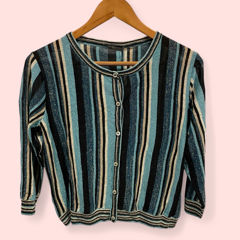 Marella NWT luxury metallic stripe mesh weave lightweight cardigan sweater